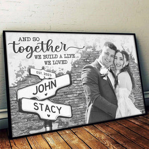 Photo personnalisée « Nous construisons une vie que nous aimons » - Affiche horizontale personnalisée pour couple - Cadeau pour mari et femme, anniversaire