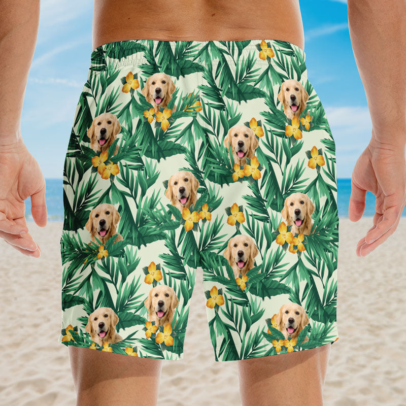 Short de plage hawaïen personnalisé avec photo « Été au bord de la mer » pour chien et chat, style tropical Aloha, pour homme - Cadeau idéal pour les vacances d'été, les anniversaires et les amoureux des animaux.