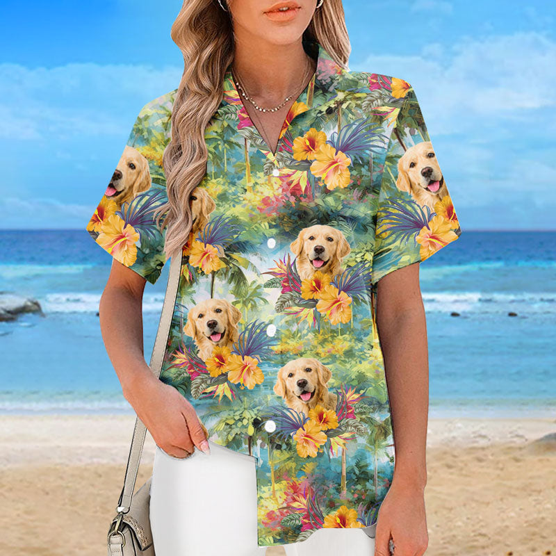 T-shirt hawaïen tropical unisexe personnalisé avec photo « Que l'été commence » pour chien et chat - Cadeau idéal pour les vacances d'été, les propriétaires d'animaux et les amoureux des animaux.