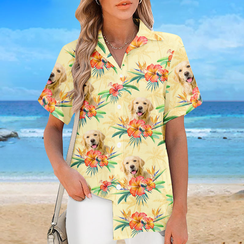 Photo personnalisée « Ambiance estivale » uniquement - T-shirt hawaïen tropical unisexe personnalisé pour chien et chat - Cadeau vacances d'été, cadeau pour propriétaires d'animaux et amoureux des animaux