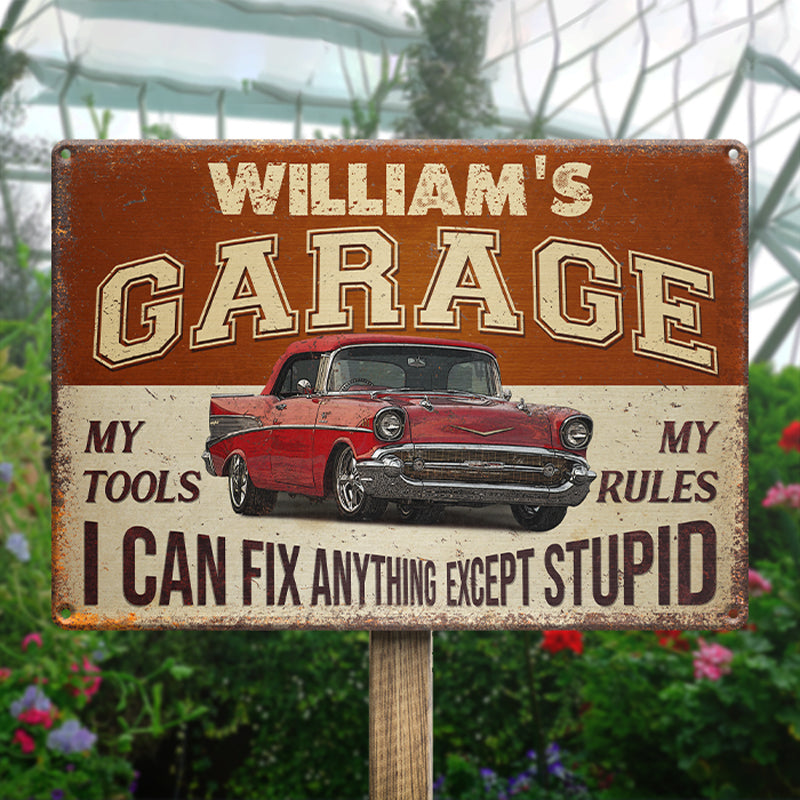 Photo personnalisée Mon garage, mes outils, mes règles - Plaque de garage en métal personnalisée pour la famille - Cadeau de fête des pères, cadeau pour lui