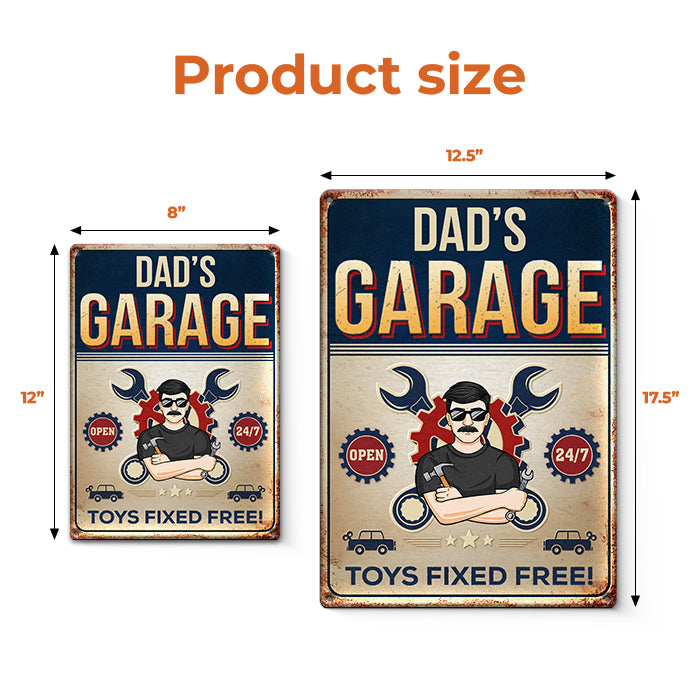 Hé, jouets réparés gratuitement ici ! – Plaque en métal personnalisée pour la famille – Cadeau de pendaison de crémaillère pour la fête des pères