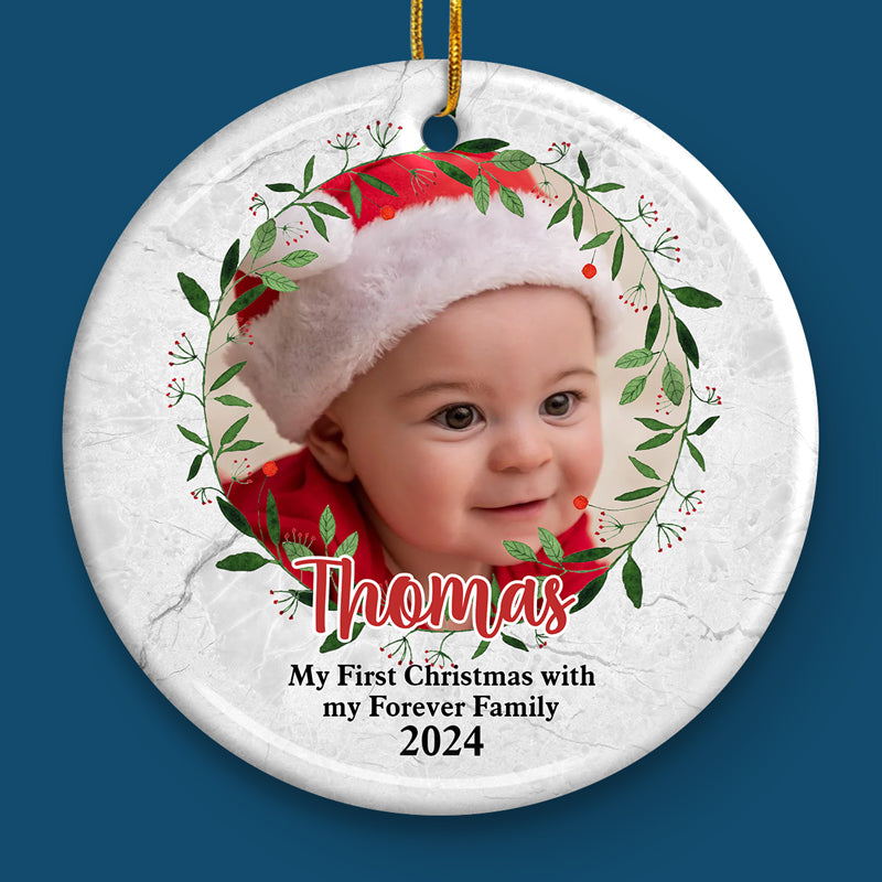 Mon premier Noël avec ma famille pour toujours - Décoration de Noël ronde personnalisée en céramique - Télécharger une image, Cadeau pour les amoureux des animaux, Cadeau de Noël