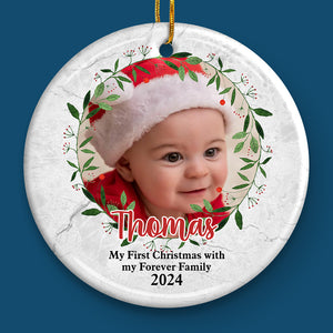 Mon premier Noël avec ma famille pour toujours - Décoration de Noël ronde personnalisée en céramique - Télécharger une image, Cadeau pour les amoureux des animaux, Cadeau de Noël