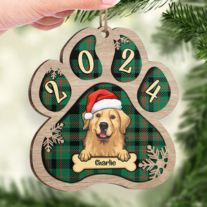 Personalized Custom Paw Shaped Wood Christmas Ornament - Dog, Cat And Snow - Plaid Buffalo Pattern - Customized Decoration Upload Image, Gift For Pet Lovers