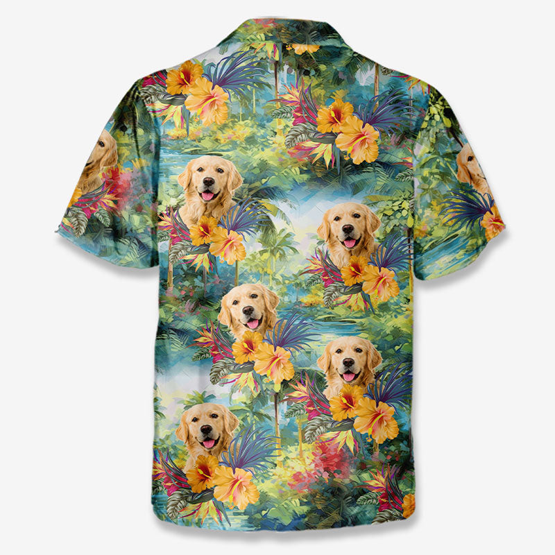 T-shirt hawaïen tropical unisexe personnalisé avec photo « Que l'été commence » pour chien et chat - Cadeau idéal pour les vacances d'été, les propriétaires d'animaux et les amoureux des animaux.