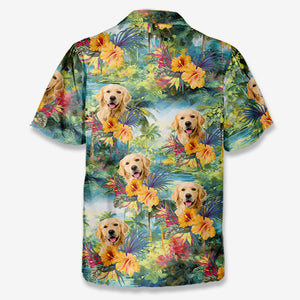 T-shirt hawaïen tropical unisexe personnalisé avec photo « Que l'été commence » pour chien et chat - Cadeau idéal pour les vacances d'été, les propriétaires d'animaux et les amoureux des animaux.