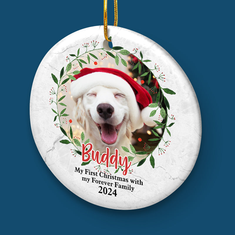Mon premier Noël avec ma famille pour toujours - Décoration de Noël ronde personnalisée en céramique - Télécharger une image, Cadeau pour les amoureux des animaux, Cadeau de Noël