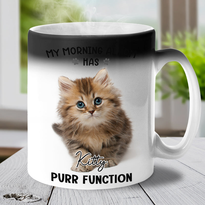 Photo personnalisée « Mon réveil matinal a une fonction ronronnement » - Mug personnalisé à changement de couleur pour chien et chat - Cadeau pour propriétaires et amoureux des animaux