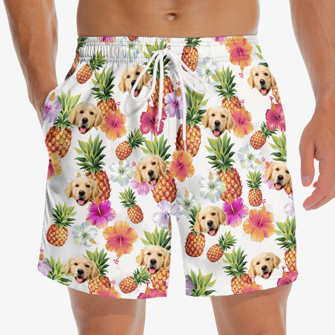 Short de plage hawaïen personnalisé avec photo « Allons à la plage » pour chien et chat, motif tropical Aloha, pour homme - Cadeau idéal pour les vacances d'été, les anniversaires et les amoureux des animaux.