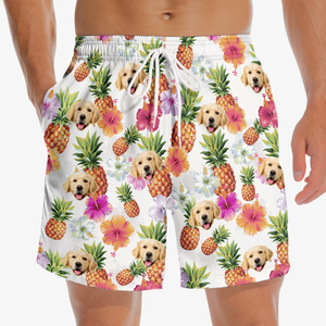 Short de plage hawaïen personnalisé avec photo « Allons à la plage » pour chien et chat, motif tropical Aloha, pour homme - Cadeau idéal pour les vacances d'été, les anniversaires et les amoureux des animaux.
