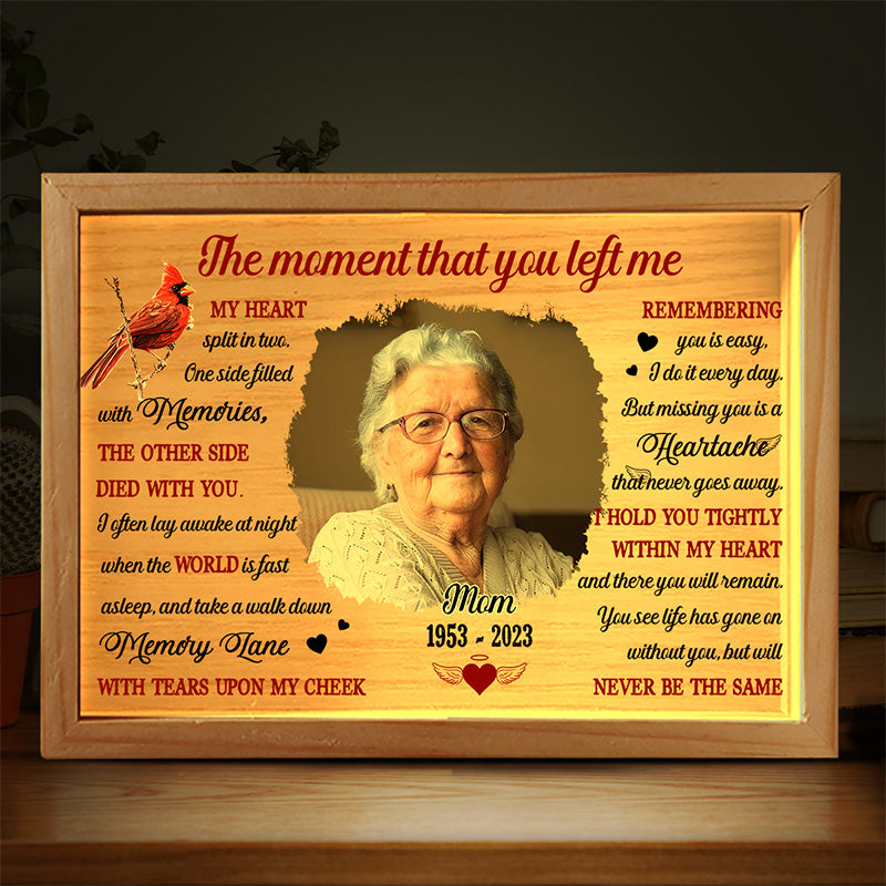 Photo personnalisée « Mon cœur divisé en deux » – Cadre photo personnalisé avec lumière – Cadeau de condoléances pour les proches