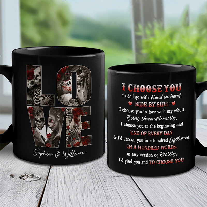 Tasse noire personnalisée « Main dans la main, côte à côte » – Cadeau pour mari et femme, anniversaire