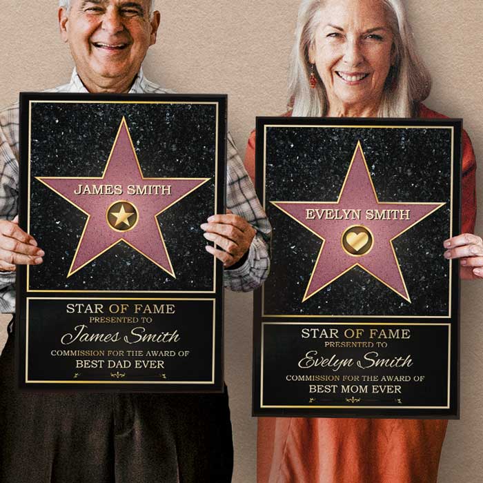 Star de la renommée, meilleure maman, meilleur papa de l'année - Affiche verticale personnalisée pour la famille - Cadeau pour la fête des mères, la fête des pères et un anniversaire pour maman et papa