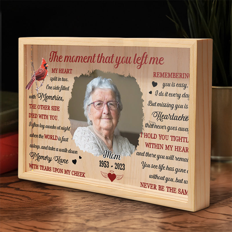 Photo personnalisée « Mon cœur divisé en deux » – Cadre photo personnalisé avec lumière – Cadeau de condoléances pour les proches