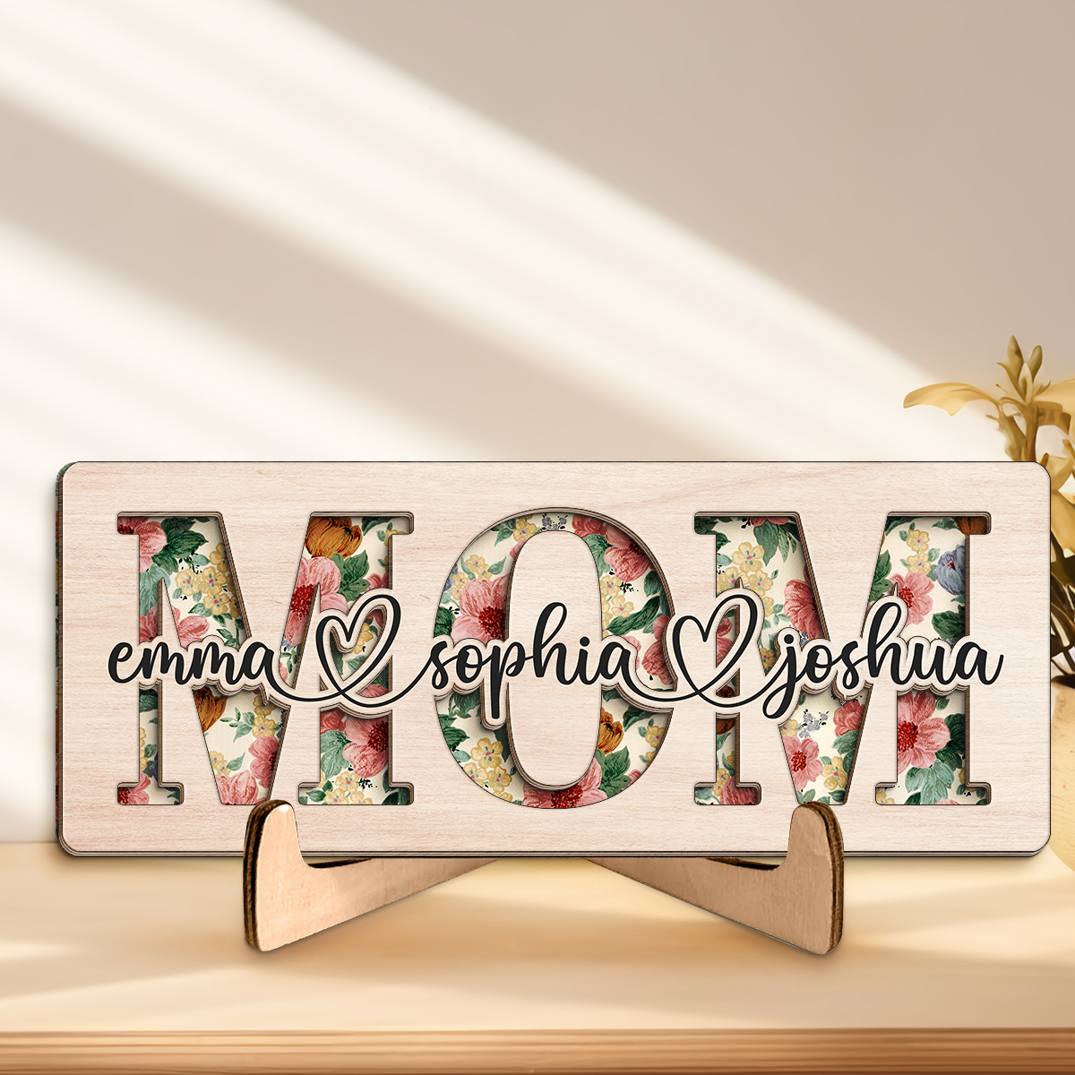 Maman, tu es ce qui nous unit - Plaque en bois personnalisée à 2 couches avec support pour famille - Cadeau de pendaison de crémaillère pour maman