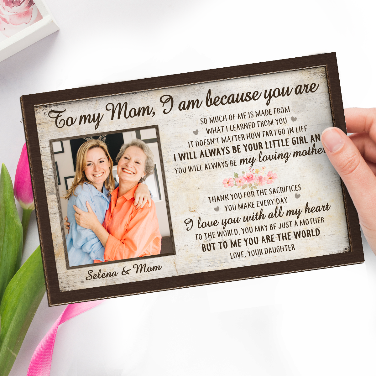 Photo personnalisée « Je suis parce que tu es » – Plaque en bois personnalisée à 2 couches avec support pour famille – Cadeau de pendaison de crémaillère pour maman