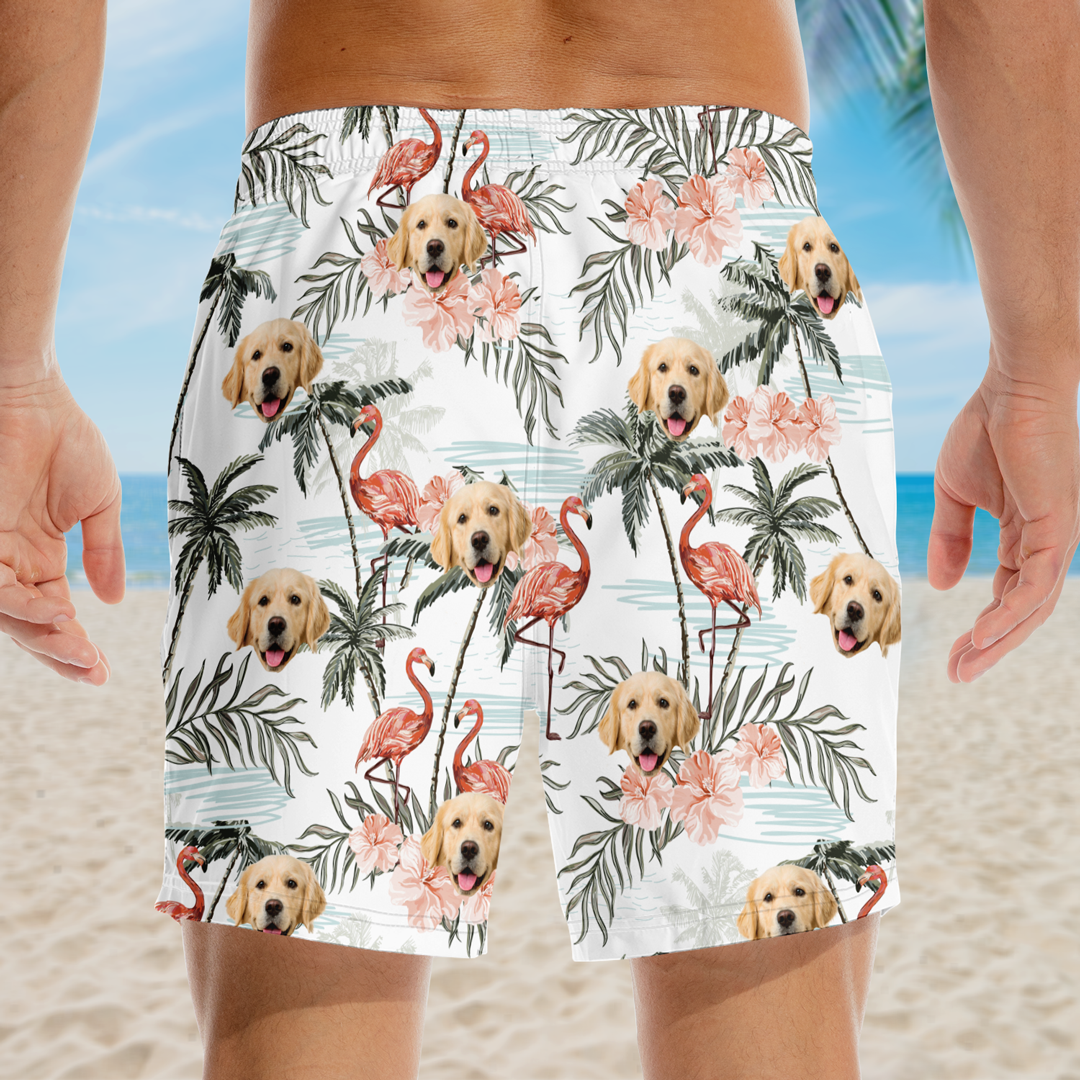 Short de plage hawaïen personnalisé avec photo « Allons à la plage » pour chien et chat, motif tropical Aloha, pour homme - Cadeau idéal pour les vacances d'été, les anniversaires et les amoureux des animaux.