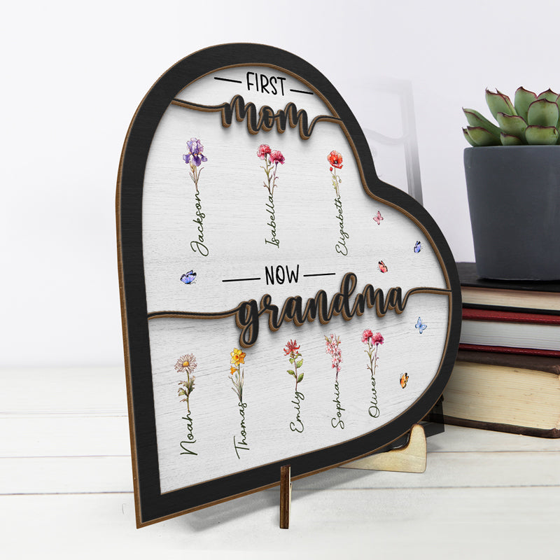 Première maman, maintenant grand-mère - Plaque en bois personnalisée à 2 couches avec support - Cadeau de pendaison de crémaillère pour maman et grand-mère