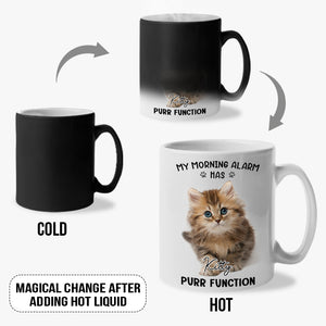Photo personnalisée « Mon réveil matinal a une fonction ronronnement » - Mug personnalisé à changement de couleur pour chien et chat - Cadeau pour propriétaires et amoureux des animaux