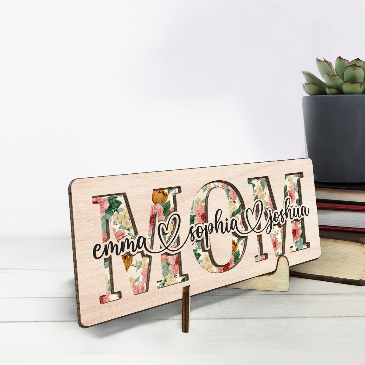 Maman, tu es ce qui nous unit - Plaque en bois personnalisée à 2 couches avec support pour famille - Cadeau de pendaison de crémaillère pour maman
