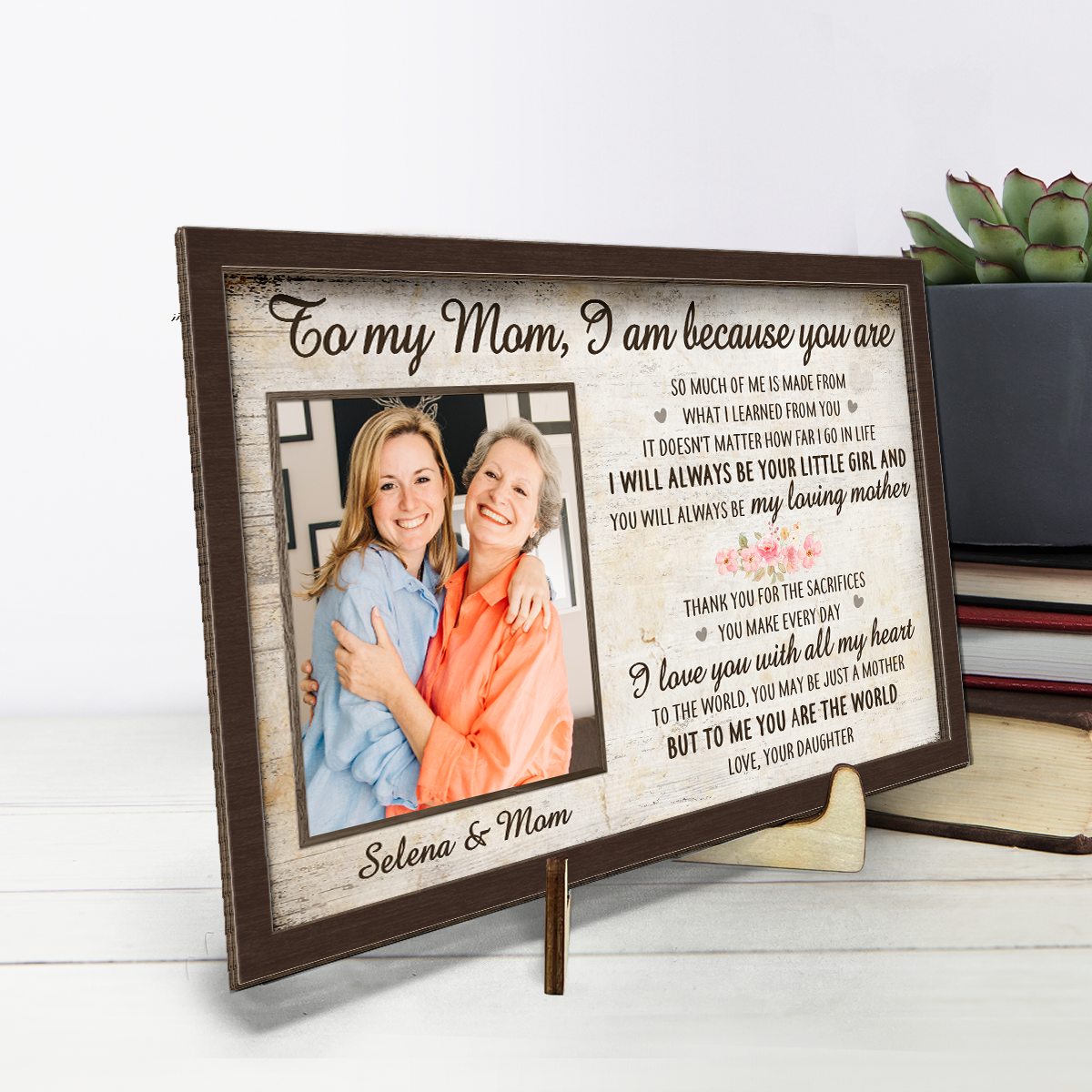 Photo personnalisée « Je suis parce que tu es » – Plaque en bois personnalisée à 2 couches avec support pour famille – Cadeau de pendaison de crémaillère pour maman