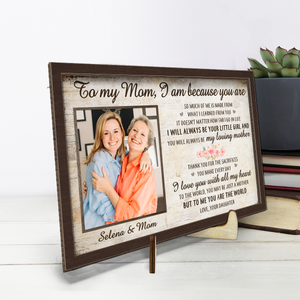 Photo personnalisée « Je suis parce que tu es » – Plaque en bois personnalisée à 2 couches avec support pour famille – Cadeau de pendaison de crémaillère pour maman
