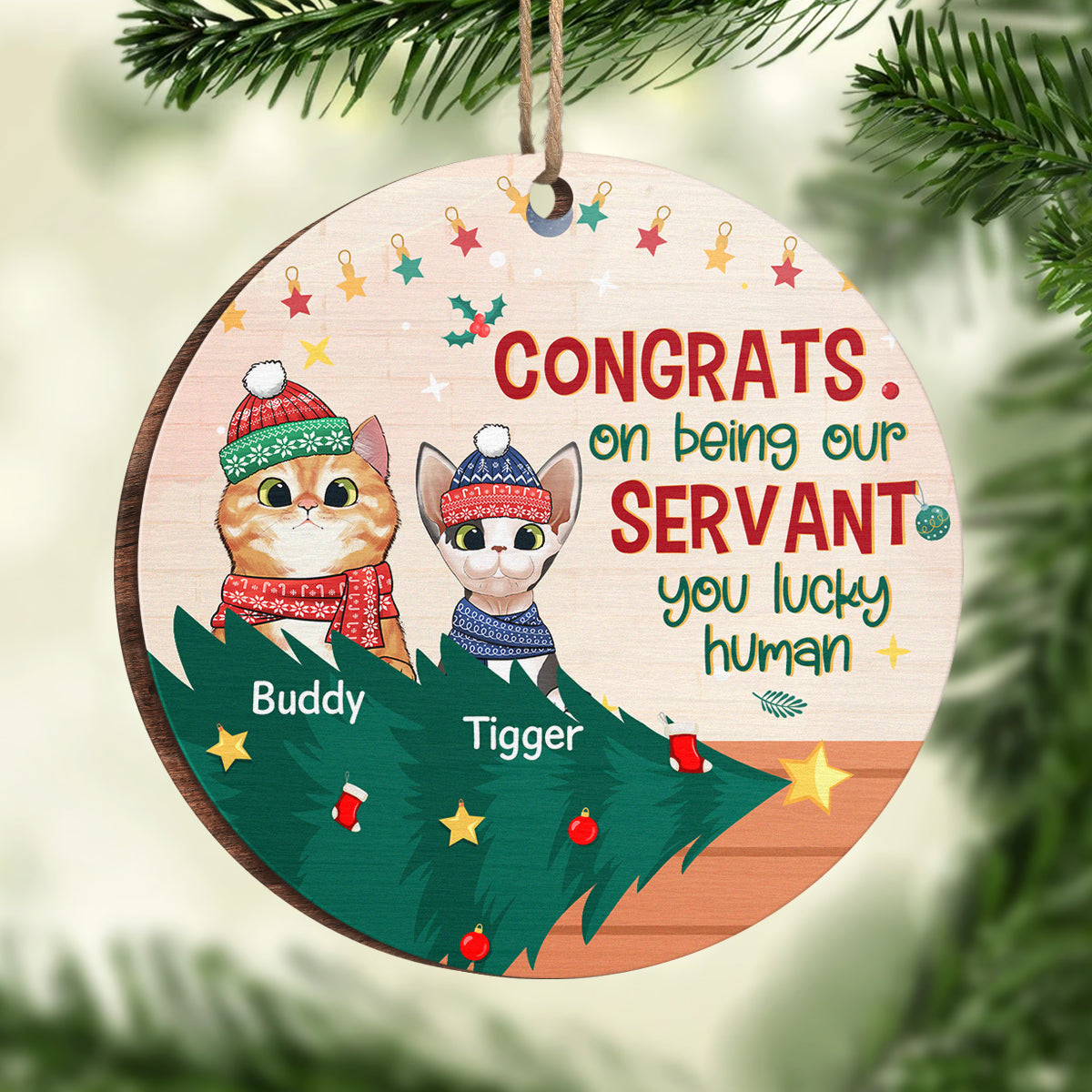 You Lucky Human - Ornement personnalisé pour chien et chat - Forme ronde en bois - Cadeau de Noël pour propriétaires et amoureux des animaux