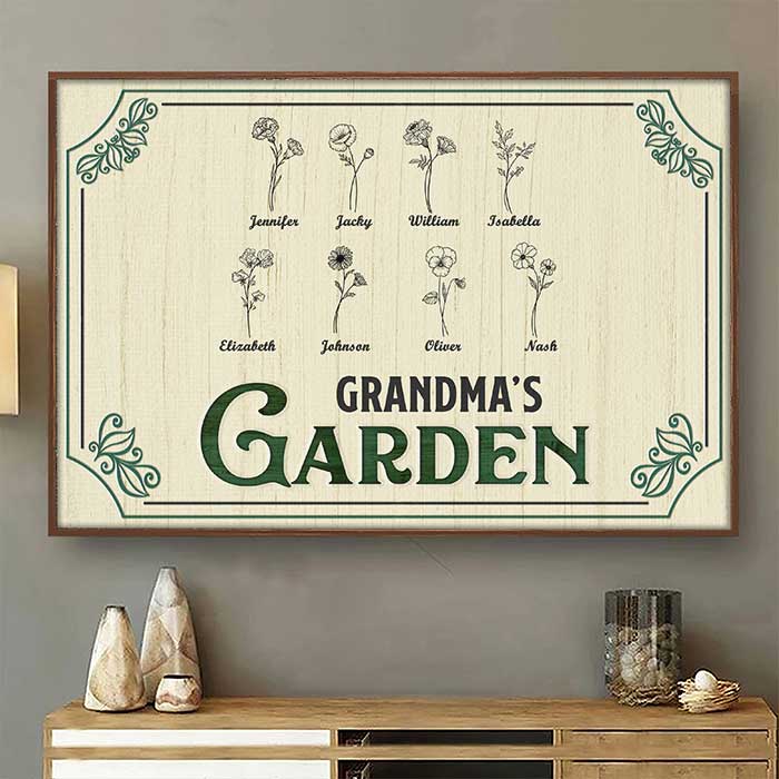 Les jolies fleurs de Nana - Affiche horizontale personnalisée pour la famille - Cadeau d'anniversaire pour maman et grand-mère