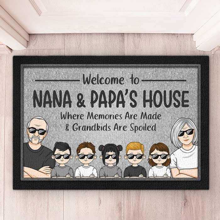 Bienvenue chez Nana et Papa - Tapis décoratif personnalisé pour la famille - Cadeau pour les membres de la famille
