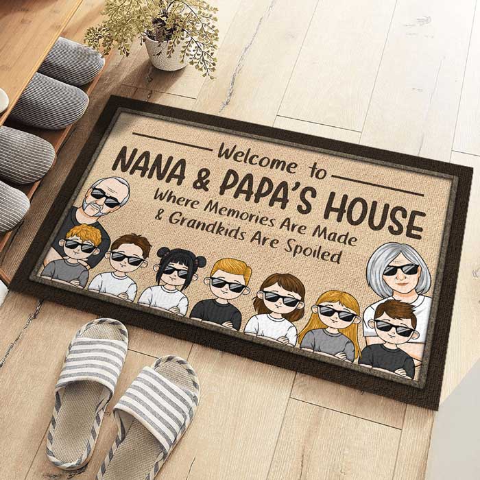 Bienvenue chez Nana et Papa - Tapis décoratif personnalisé pour la famille - Cadeau pour les membres de la famille