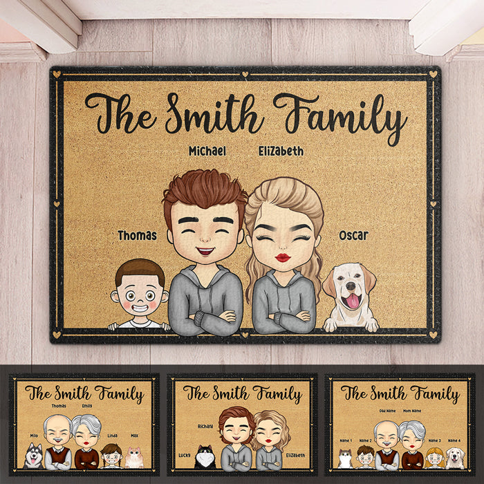 Ensemble, avec des enfants et des animaux adorables, nous formons une famille ! Tapis décoratif personnalisé pour la famille ! Cadeau pour couples, propriétaires d'animaux et amoureux des animaux.