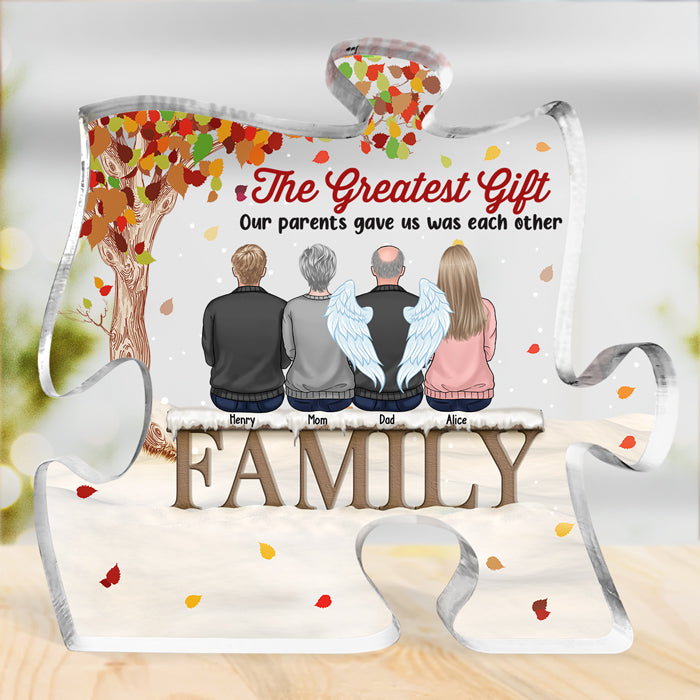 Rien de plus beau que l'amour familial ! Plaque acrylique personnalisée en forme de puzzle. Cadeau pour les membres de la famille.