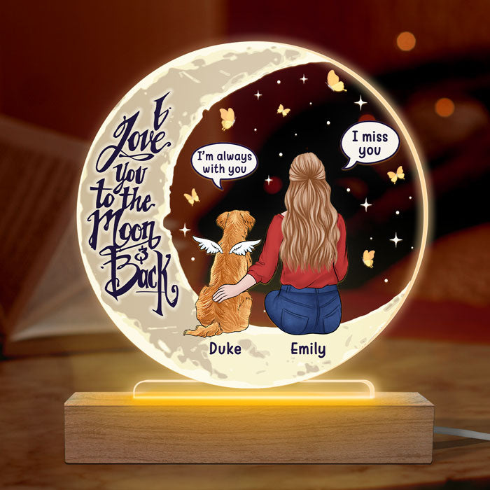 Je t'aime jusqu'à la lune et retour - Lampe LED 3D ronde personnalisée - Cadeau de condoléances, cadeau pour les propriétaires d'animaux de compagnie et les amoureux des animaux