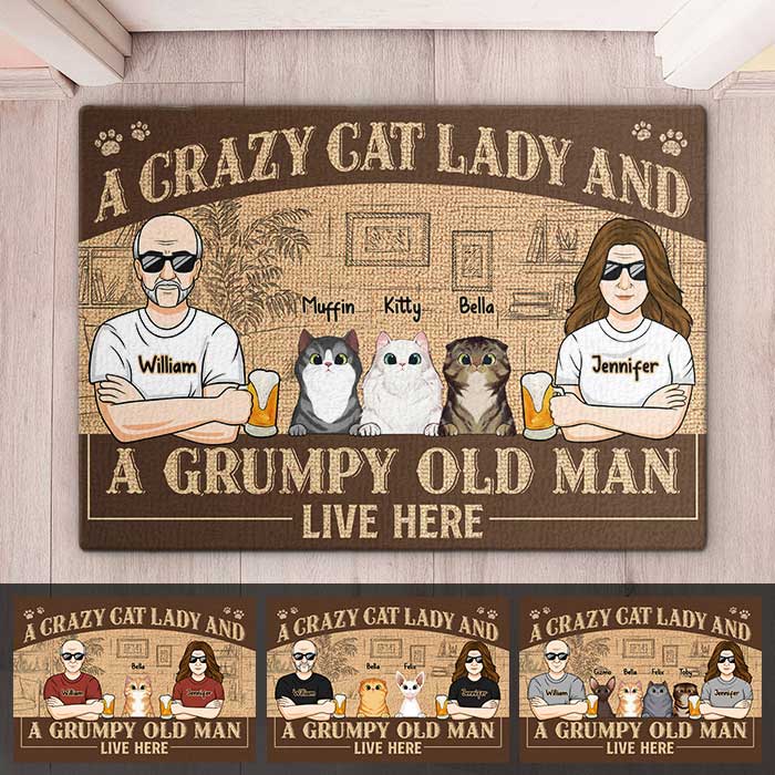 Une folle aux chats et un vieil homme grincheux - Tapis décoratif personnalisé pour couple - Cadeau pour couples, propriétaires d'animaux et amoureux des animaux