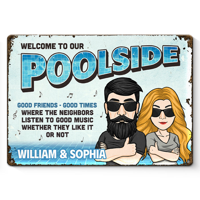 Bienvenue au bord de notre piscine - Plaque en métal personnalisée pour couple - Cadeau de pendaison de crémaillère pour mari et femme, anniversaire