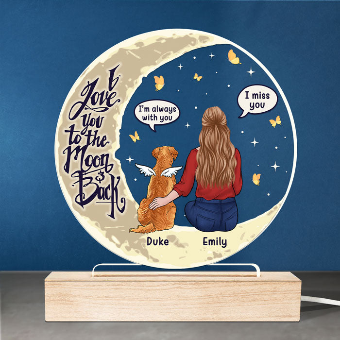 Je t'aime jusqu'à la lune et retour - Lampe LED 3D ronde personnalisée - Cadeau de condoléances, cadeau pour les propriétaires d'animaux de compagnie et les amoureux des animaux