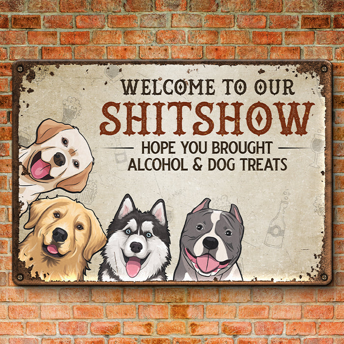Bienvenue dans notre Shitshow - Plaque en métal personnalisée pour chien et chat - Cadeau de pendaison de crémaillère pour propriétaires d'animaux et amoureux des animaux