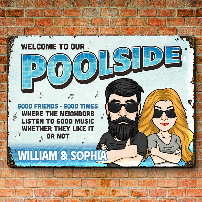 Bienvenue au bord de notre piscine - Plaque en métal personnalisée pour couple - Cadeau de pendaison de crémaillère pour mari et femme, anniversaire