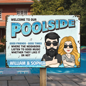 Bienvenue au bord de notre piscine - Plaque en métal personnalisée pour couple - Cadeau de pendaison de crémaillère pour mari et femme, anniversaire