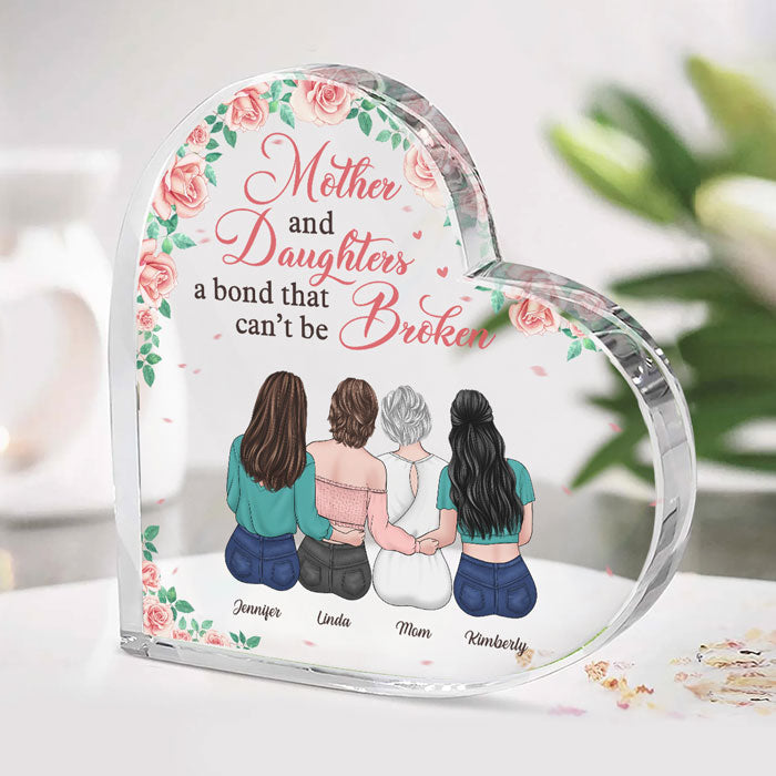 Un lien indéfectible, mère et filles - Plaque acrylique personnalisée en forme de cœur pour la famille - Cadeau d'anniversaire pour maman