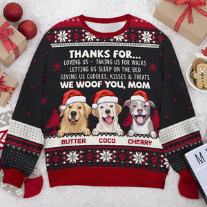Merci de nous aimer, nous vous adressons nos salutations - Sweat-shirt de Noël unisexe personnalisé et moche, sweat-shirt en laine, sweat-shirt imprimé intégral - Cadeau pour les amoureux des chiens, les amoureux des animaux, cadeau de Noël