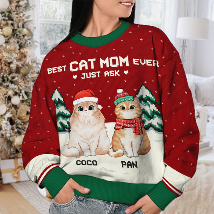 Meilleur papa chat de tous les temps, demandez-le simplement ! Sweat-shirt de Noël unisexe personnalisé, en laine, imprimé intégral - Cadeau pour les amoureux des chats, les amoureux des animaux, cadeau de Noël.