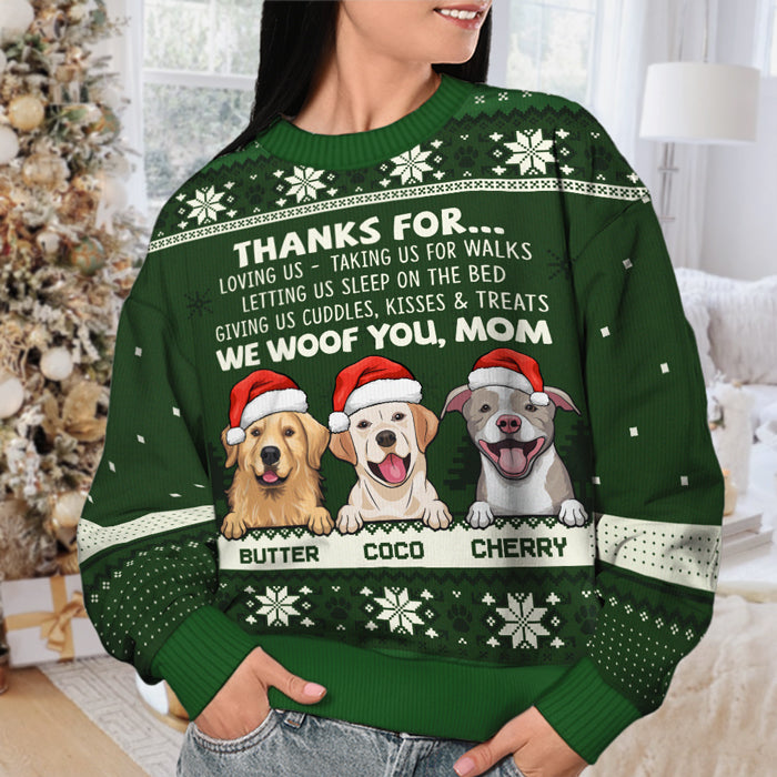 Merci de nous aimer, nous vous adressons nos salutations - Sweat-shirt de Noël unisexe personnalisé et moche, sweat-shirt en laine, sweat-shirt imprimé intégral - Cadeau pour les amoureux des chiens, les amoureux des animaux, cadeau de Noël