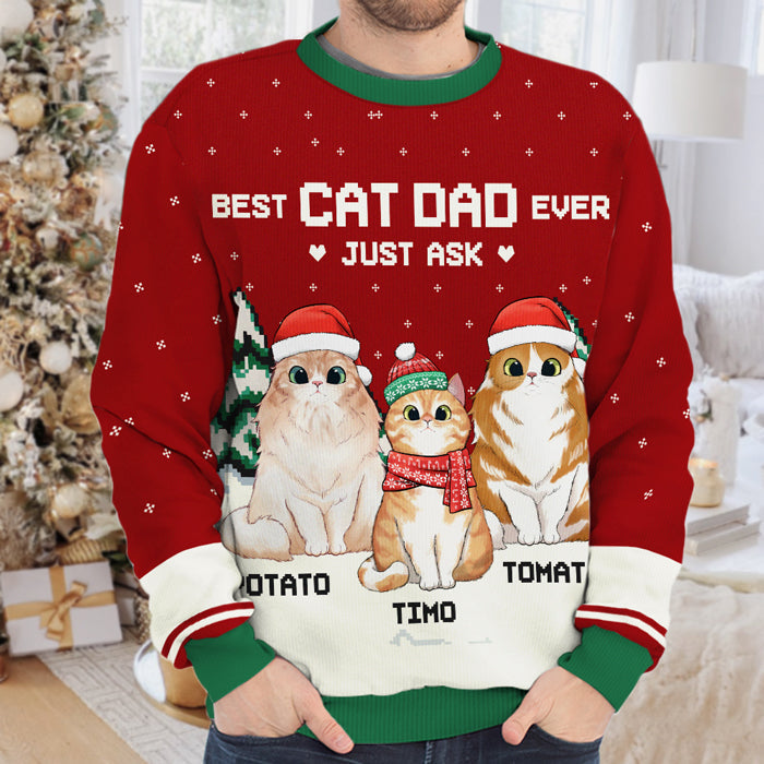 Meilleur papa chat de tous les temps, demandez-le simplement ! Sweat-shirt de Noël unisexe personnalisé, en laine, imprimé intégral - Cadeau pour les amoureux des chats, les amoureux des animaux, cadeau de Noël.