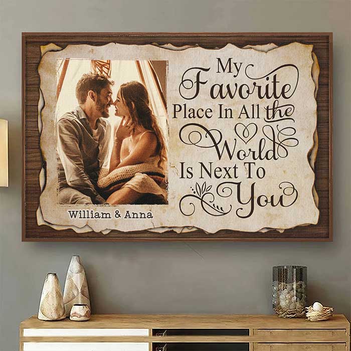 My Favorite Thing Is Staying Next To You - Upload Image, Gift For Couples, Husband Wife - Personalized Horizontal Poster.