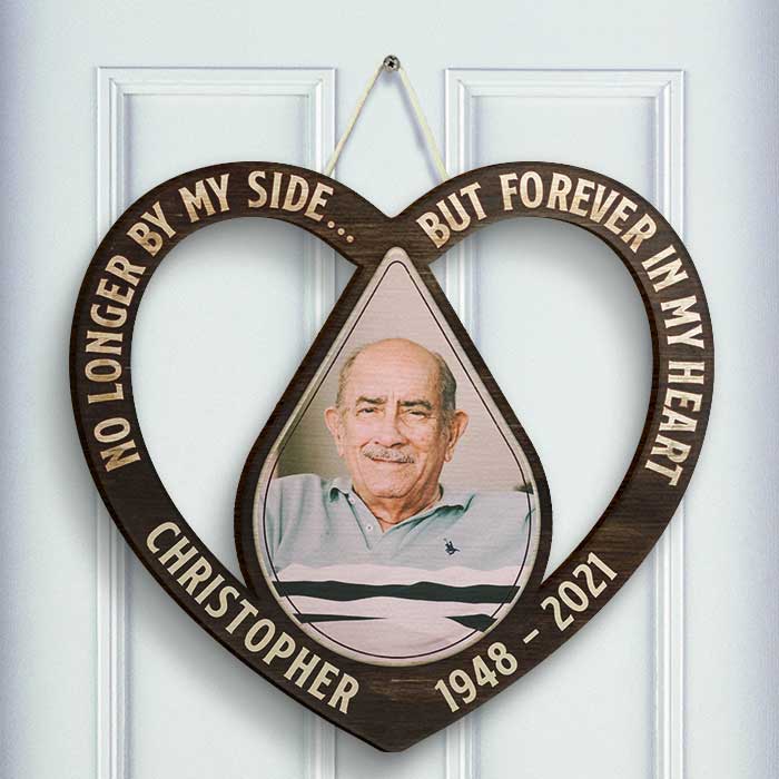 No Longer By My Side, But Forever In My Heart - Upload Image, Husband Wife, Personalized Shaped Wood Sign.