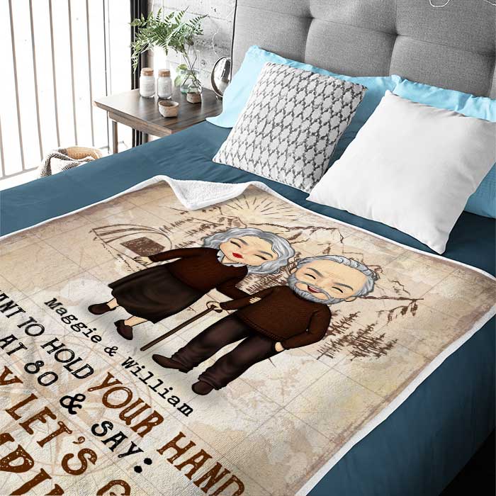 I Want To Hold Your Hand And Go Camping With You At 80 - Gift For Camping Couples, Personalized Blanket.