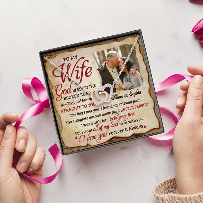 I Love You Forever & Always - Upload Image, Gift For Couples - Personalized Interlocking Hearts Necklace.