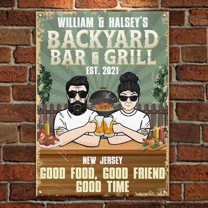 Bar et grill d'arrière-cour, bonne cuisine, bons amis et bons moments - Cadeau pour couples, mari et femme, plaque en métal personnalisée